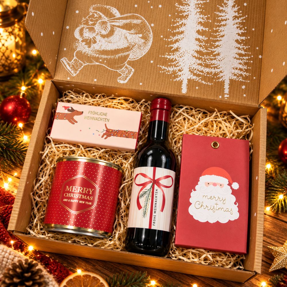 Fertig befüllte Weihnachts-Geschenkbox mit festlich arrangierten Überraschungen