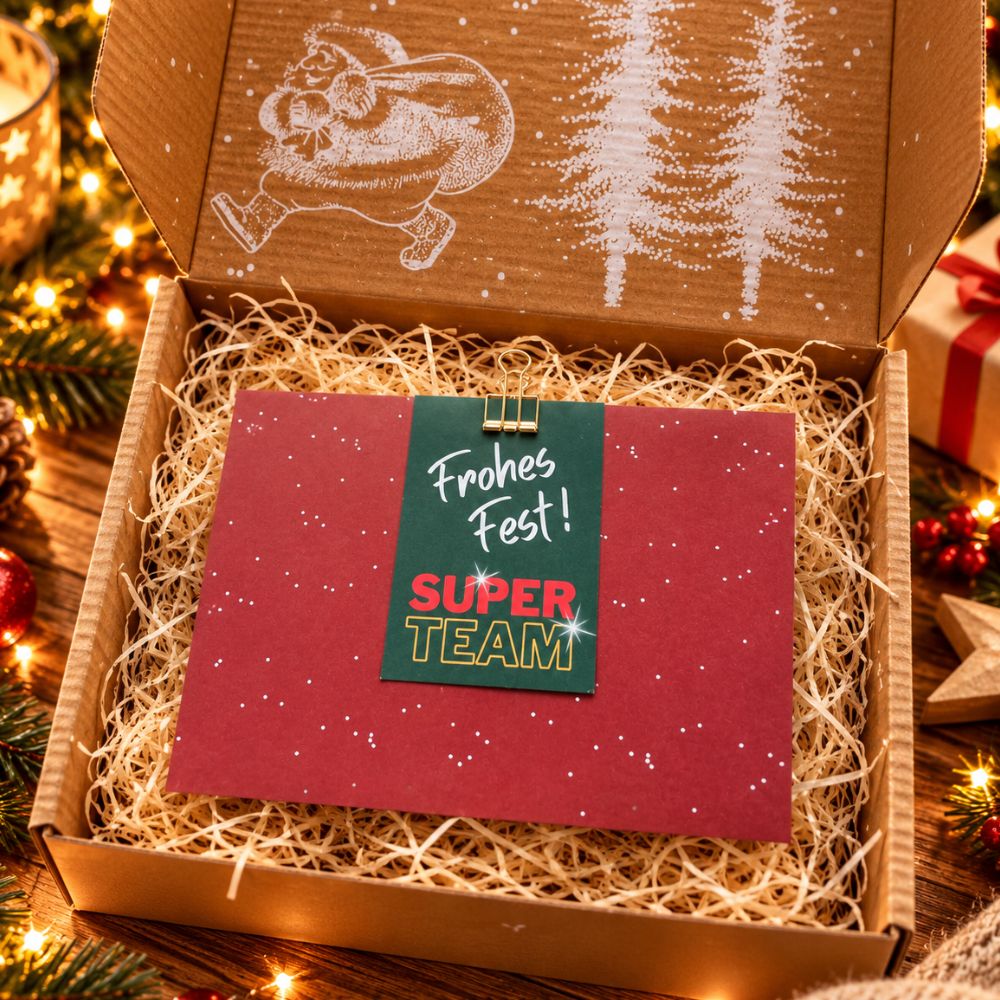 Befüllte Weihnachts-Geschenkbox mit Frohes Fest Super Team Botschaft